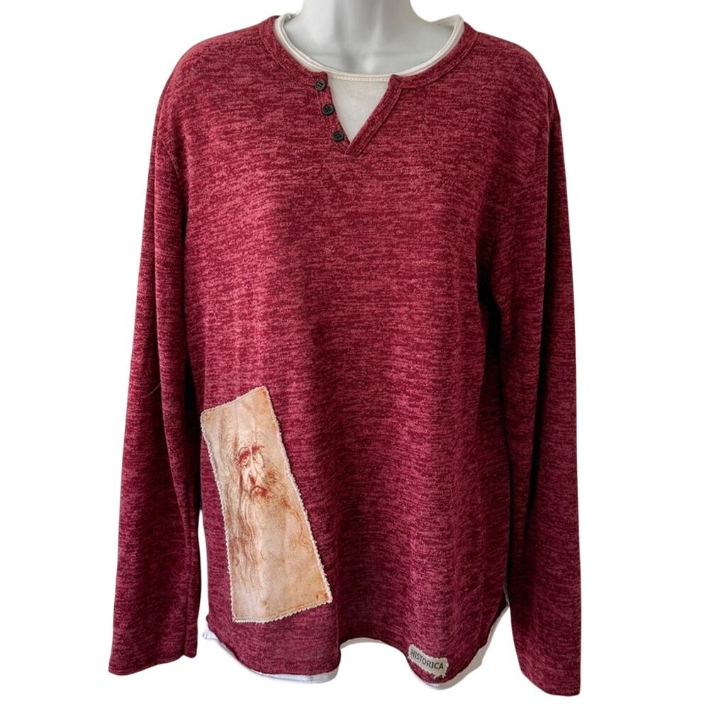 Historica Leonardo da Vinci Maroon White Faux Layer Henley Long Sleeve Shirt L - Picture 1 of 10